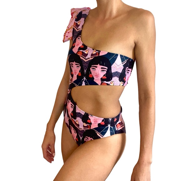 Boho Goddess Print One-Piece Swimsuit | Cutout One-Shoulder | Size M - Picture 4 of 7